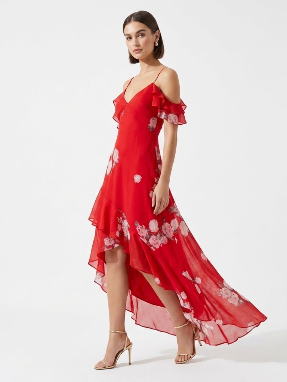 Lulus Love In Bloom Ruffle High Low Floral Dress Red Small